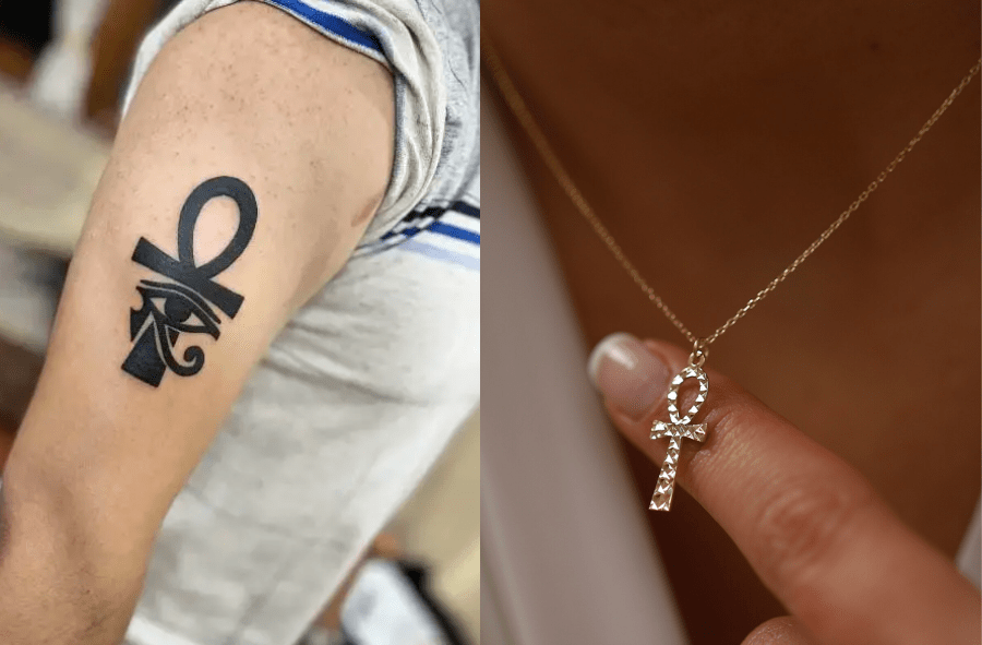Ankh tattoo and necklace as symbols of spiritual significance.