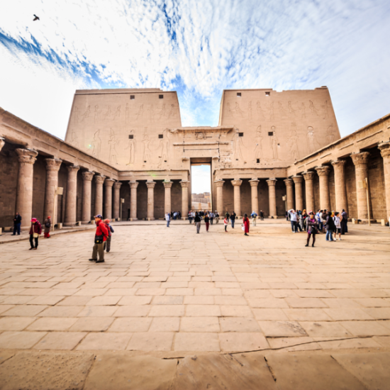 The grand Temple of Edfu on the banks of the Nile.