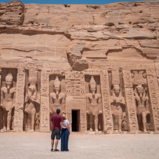 The colossal statues of Abu Simbel Temple at sunrise - 14 Days Cairo, Grand Egyptian Museum, Luxor, Aswan, Hurghada, Oasis & Alexandria Tour