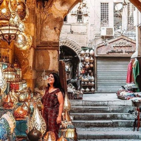 Shops and vendors in Khan El Khalili Bazaar.