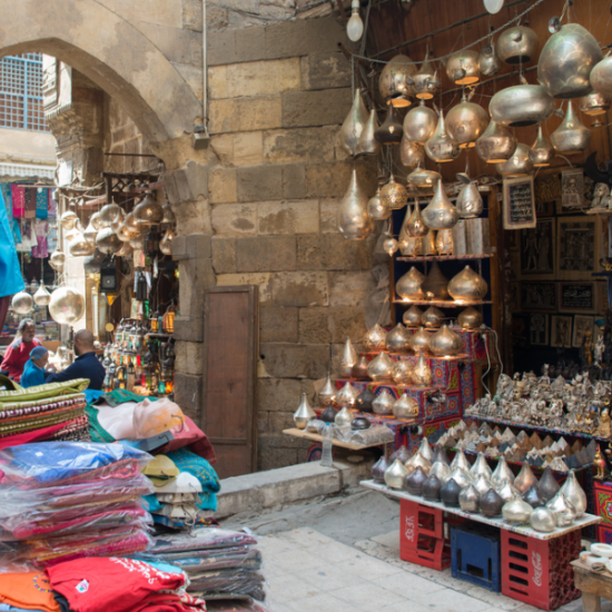 Bustling streets of Khan El Khalili Bazaar filled with shops and people - 14 Days Cairo, Luxor, Aswan, Hurghada, Bahariya Oasis & Alexandria tour