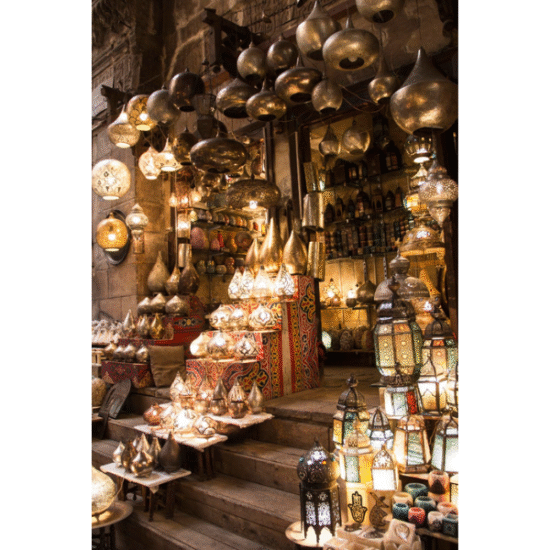 Colorful lights and traditional items at a shop in Khan El Khalili, Cairo, Egypt. - 5 Days Cairo and Fayoum Tour Package