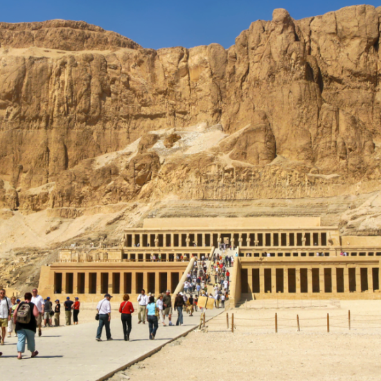 The stunning Mortuary Temple of Queen Hatshepsut, built against the cliffs of Deir el-Bahari.