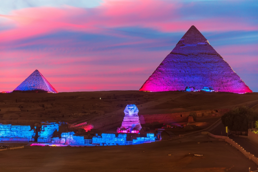 Giza Pyramids illuminated during the Sound and Light Show - 14 Days Cairo, Luxor, Aswan, Hurghada, Bahariya Oasis & Alexandria tour