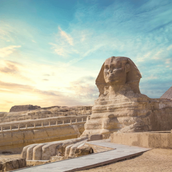 The Sphinx of Giza is a majestic statue, symbolizing strength and wisdom, guarding the pyramids of Egypt - 8 Days Cairo, Aswan, Luxor and Fayoum Vacation in Egypt