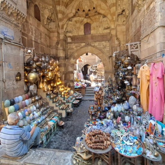 Colorful shops in Khan El Khalili Bazaar.