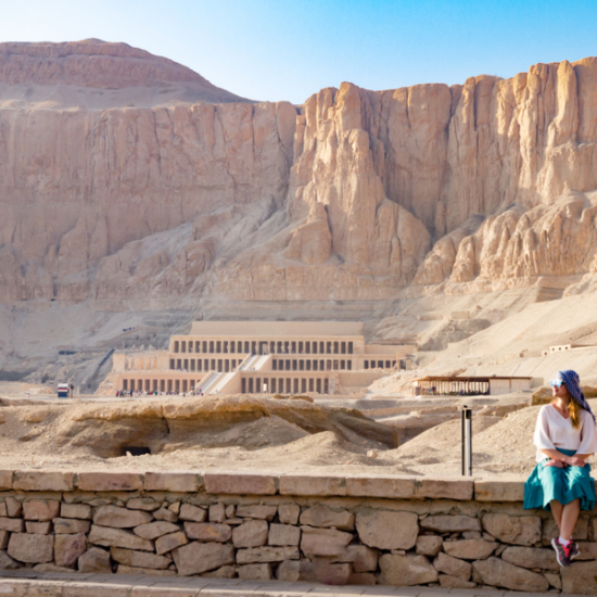 The stunning Queen Hatshepsut Temple in Luxor, Egypt, built into the cliffs of Deir el-Bahari.