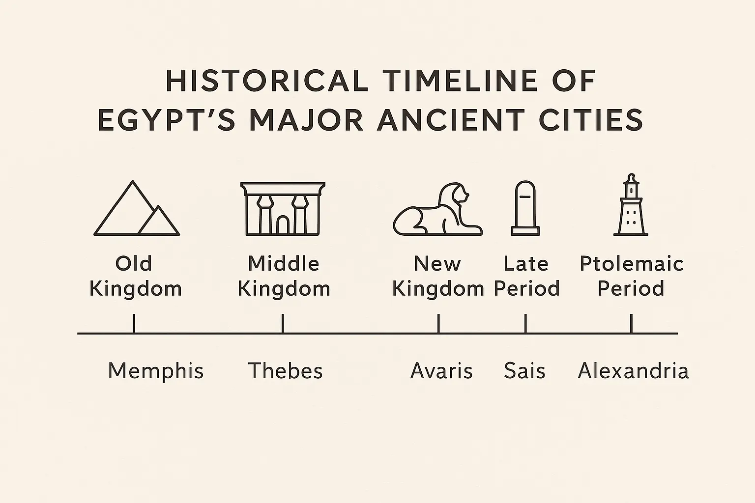 Historical timeline of Egypt’s major ancient cities from the Old Kingdom to the Ptolemaic Period, including Memphis, Thebes, Avaris, Amarna, and Alexandria.