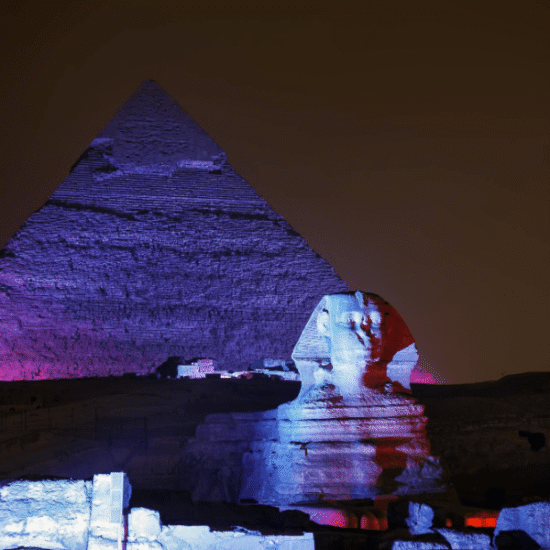 The Great Pyramids of Giza illuminated during Giza Pyramids Sound and Light Show
