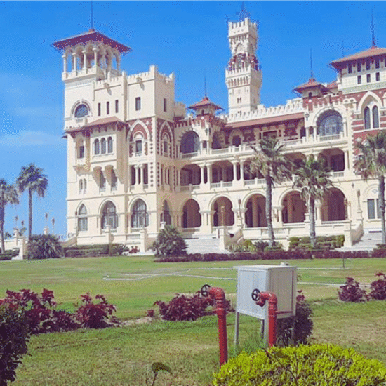 Montaza Palace Gardens with lush greenery and historic buildings in Alexandria - Overnight Alexandria Tour from Cairo.