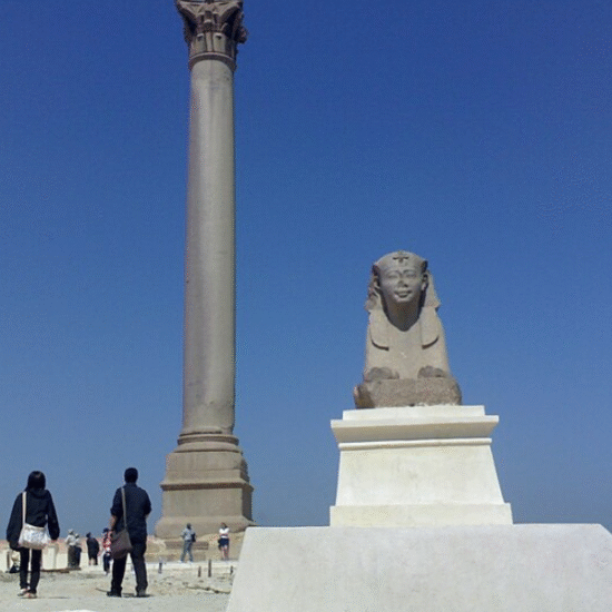 Pompey's Pillar, a tall ancient Roman column in Alexandria.