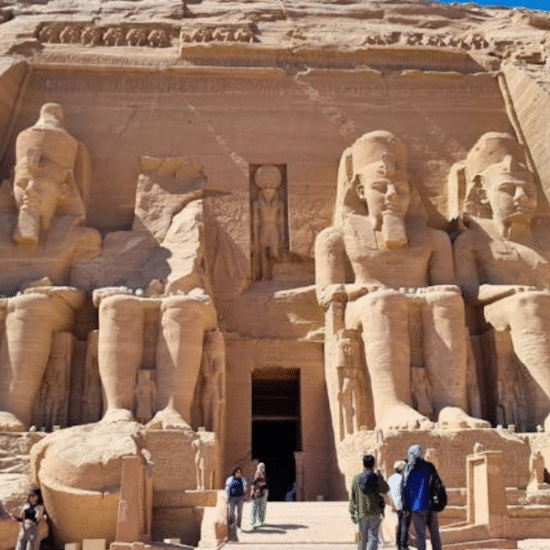 Colossal statues at the entrance of Abu Simbel Temple, Egypt - 7 Days Cairo, Luxor, Aswan & Abu Simbel – Egypt Easter Tour.