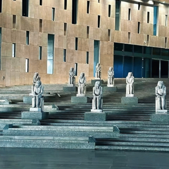 Modern façade of the Grand Egyptian Museum in Giza, Egypt