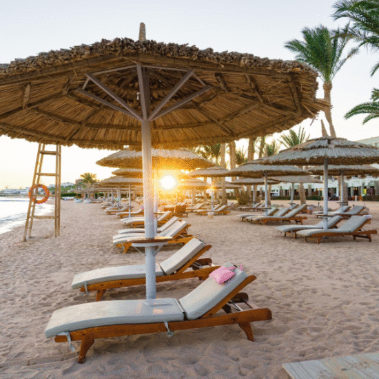 Sandy beach and clear waters in Hurghada