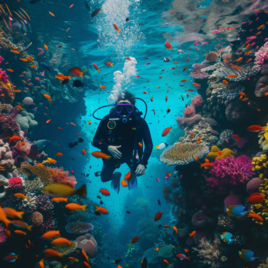 Scuba diver exploring coral reefs in the Red Sea near Hurghada, Egypt - 10 Days Cairo, Hurghada & Nile Cruise Easter Holiday Tour.