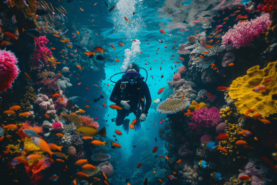 Scuba diver exploring coral reefs in the Red Sea near Hurghada, Egypt - 10 Days Cairo, Hurghada & Nile Cruise Easter Holiday Tour.
