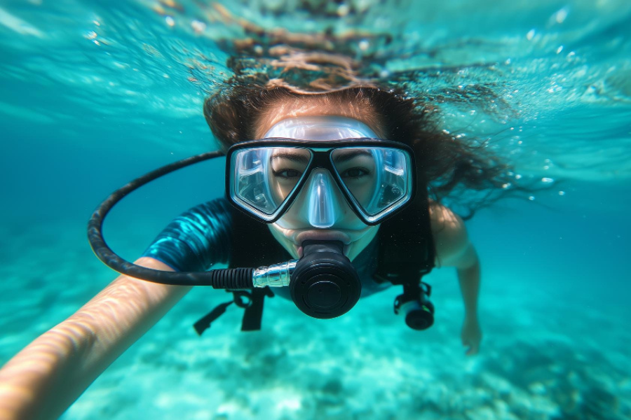 Diver near coral reef in the Red Sea