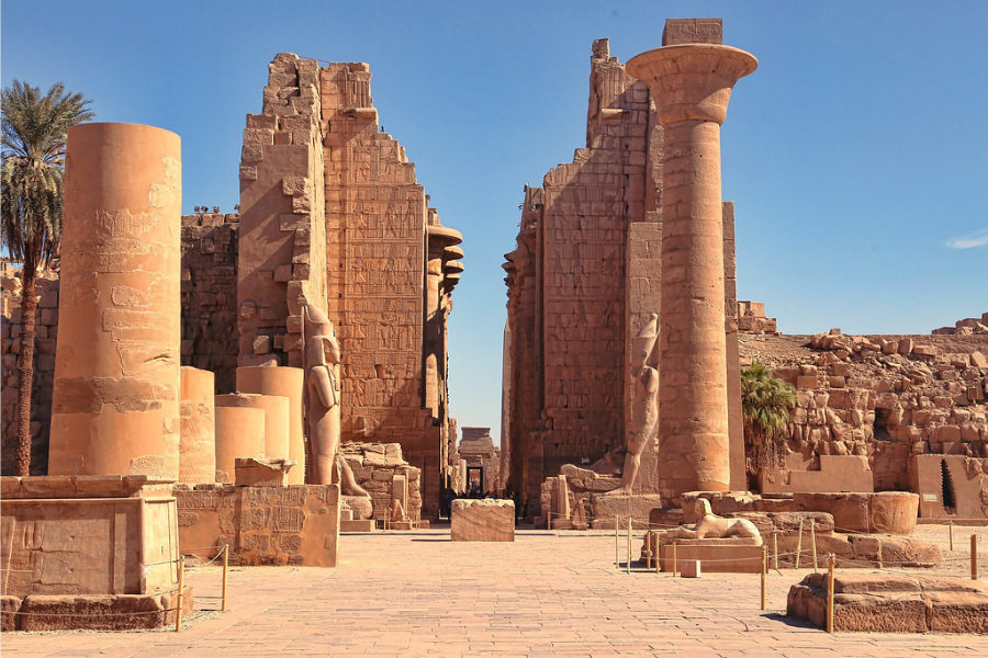 Karnak Temple Luxor Egypt ancient temple complex dedicated to the god Amun with giant columns and statues.
