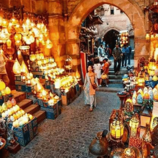 A female tourist from our company exploring Khan El Khalili Street in Cairo.