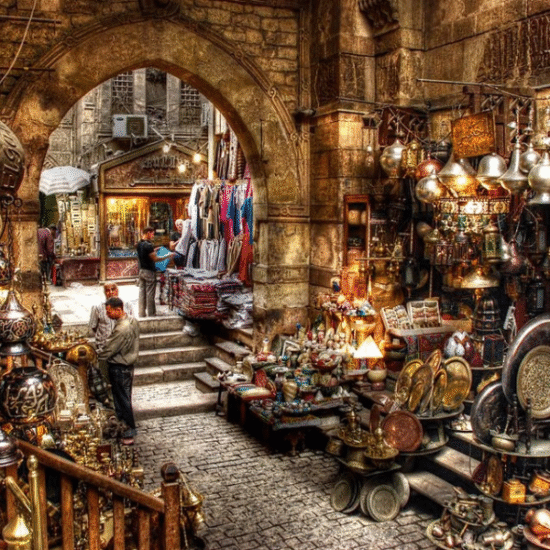 Khan El Khalili Bazaar in Cairo, Egypt traditional market full of local crafts, spices, and souvenirs.