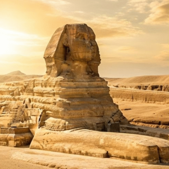 The Great Sphinx of Giza in Egypt – ancient limestone statue guarding the Pyramids of Giza.