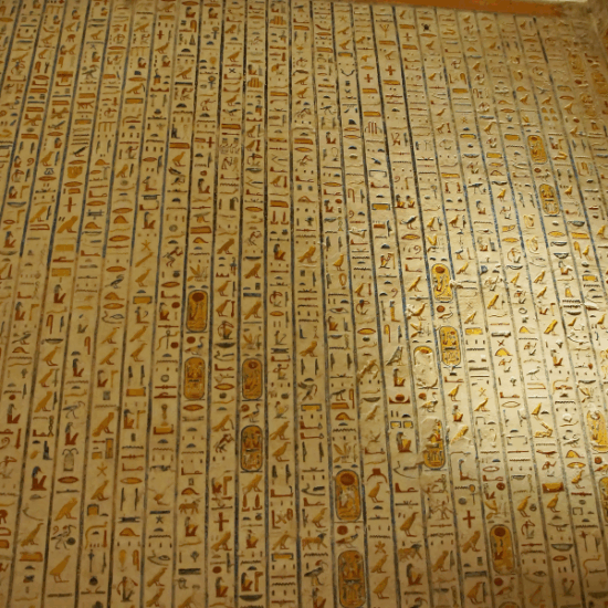 Ancient hieroglyphic carvings on the walls of the Valley of the Kings in Luxor, Egypt.