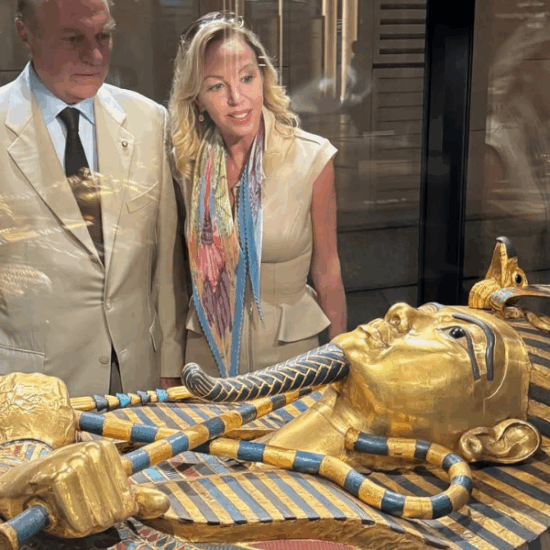 Princess Kalimaiah and her husband admiring King Tutankhamun’s sarcophagus at the Egyptian Museum.