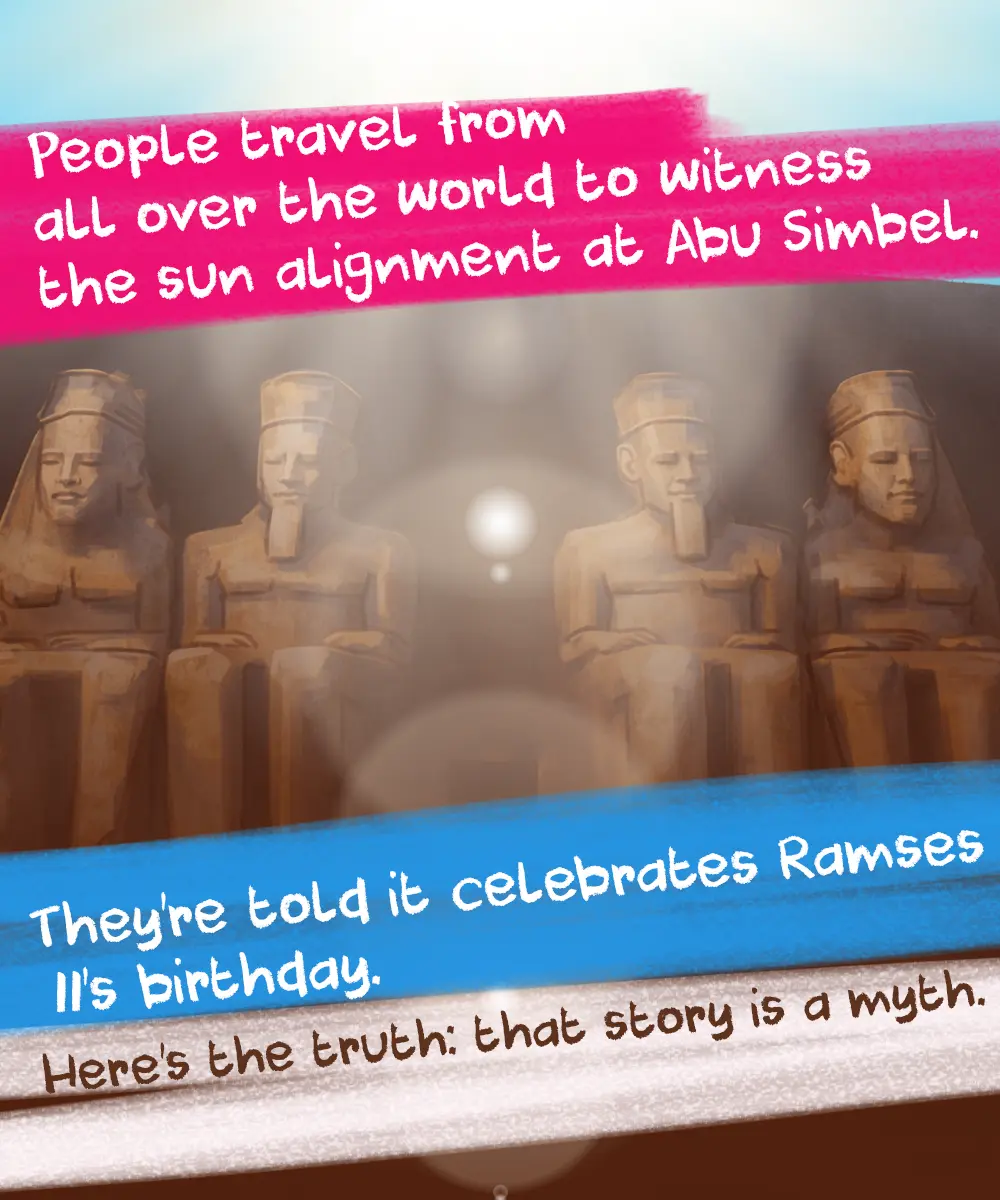 Abu Simbel Sun Alignment illuminating the statue of Ramses II during the February alignment