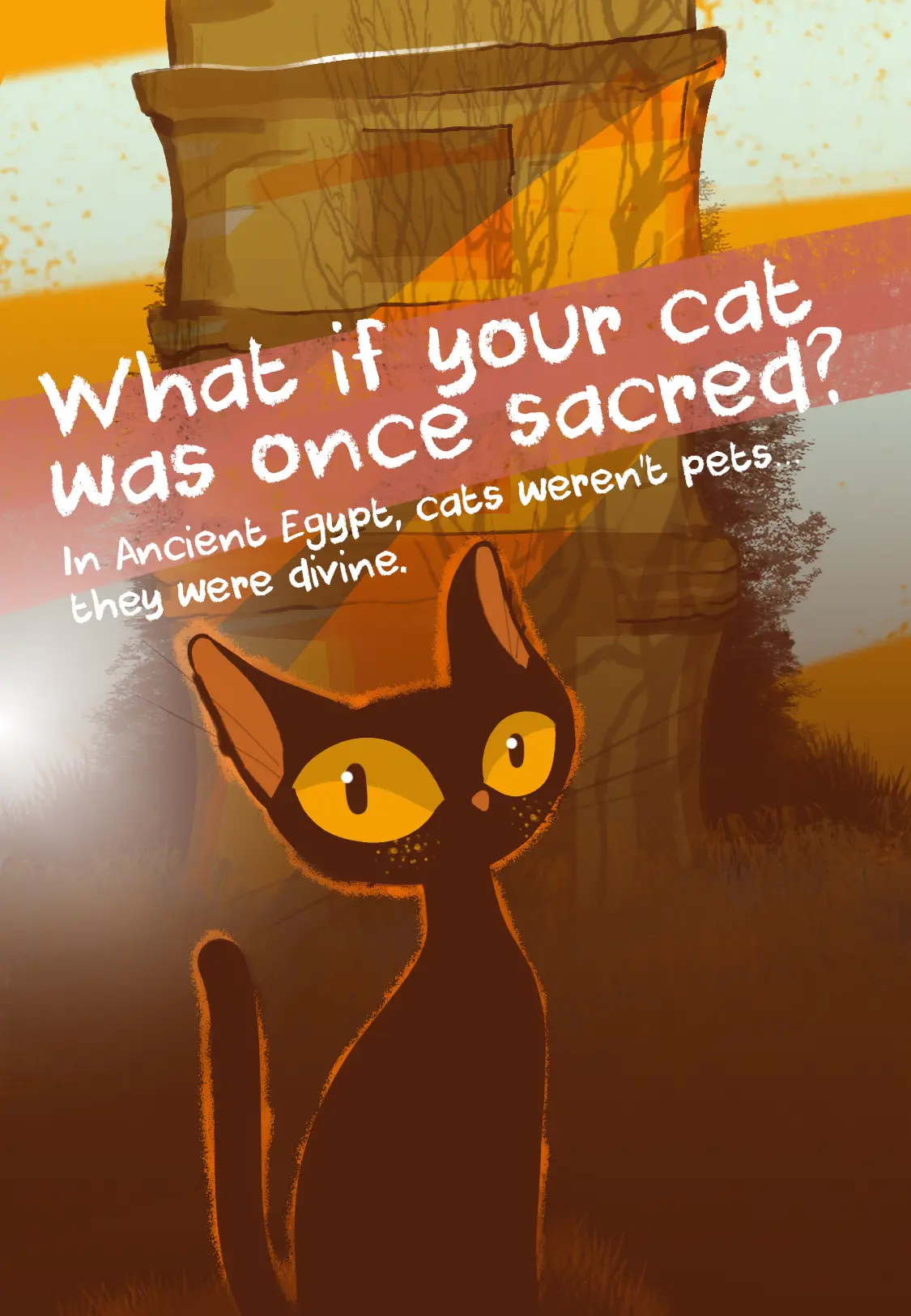 Sacred cat in Ancient Egypt with golden eyes in front of an Egyptian temple, symbol of divine cats.