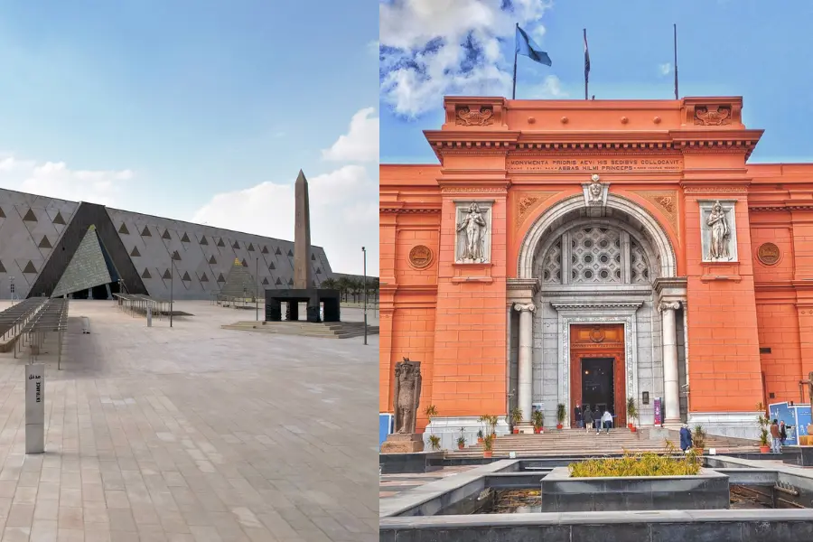 Comparison between the Grand Egyptian Museum in Giza and the Egyptian Museum in Cairo, showing modern and classical architecture